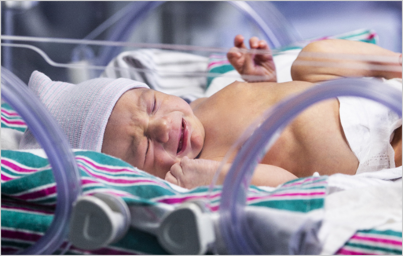 Bebé llorando en una incubadora de una unidad de cuidados intensivos neonatales.